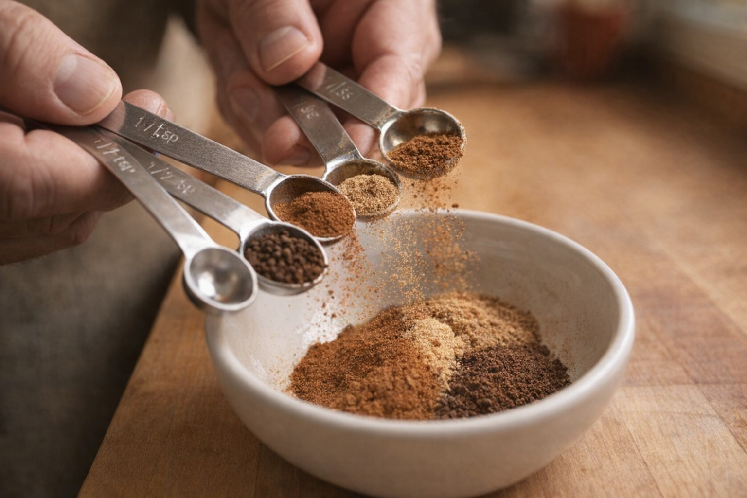 A close-up shot of measuring spices like cinnamon, nutmeg, and cloves into a small bowl with measuring spoons, warm lighting